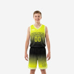 Custom green youth basketball uniforms showing neon green and black gradient fade on jersey and matching shorts front and back view