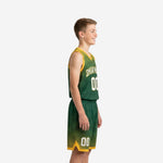 Front view of custom green and gold youth basketball uniform set showing arced team name and number 00 on the jersey chest