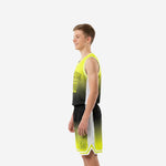 Side view of custom green youth basketball uniforms showing white side panel and mirrored gradient on jersey and shorts