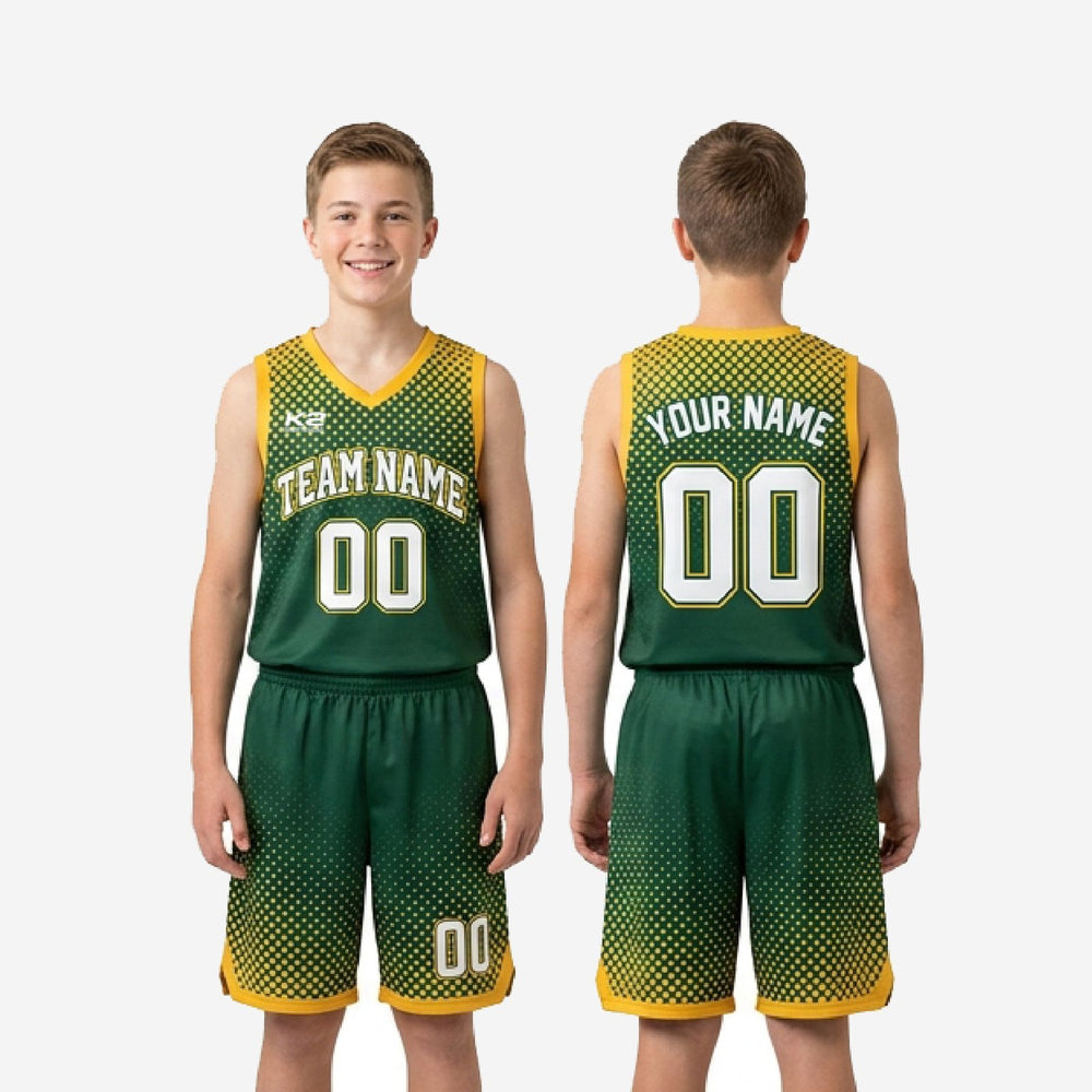 Custom Green Youth Basketball Uniforms - Full Squad Gold Set