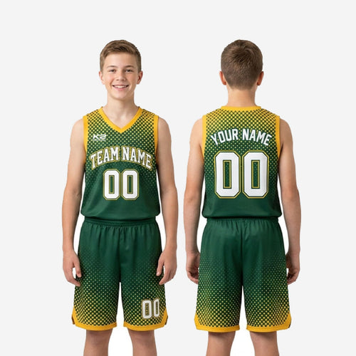 Size and specification sheet for custom green and gold youth basketball uniform set in youth sizes