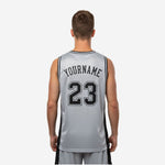 Opposite side view of silver-grey custom sleeveless basketball jersey with black armhole binding and full-length black side panel