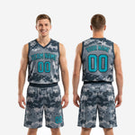 Size and specification sheet for custom grey and teal digital camo basketball uniform sets in youth and adult sizing
