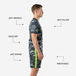 Custom neon green trim detail on charcoal camo soccer jersey V-neck and sleeve cuff