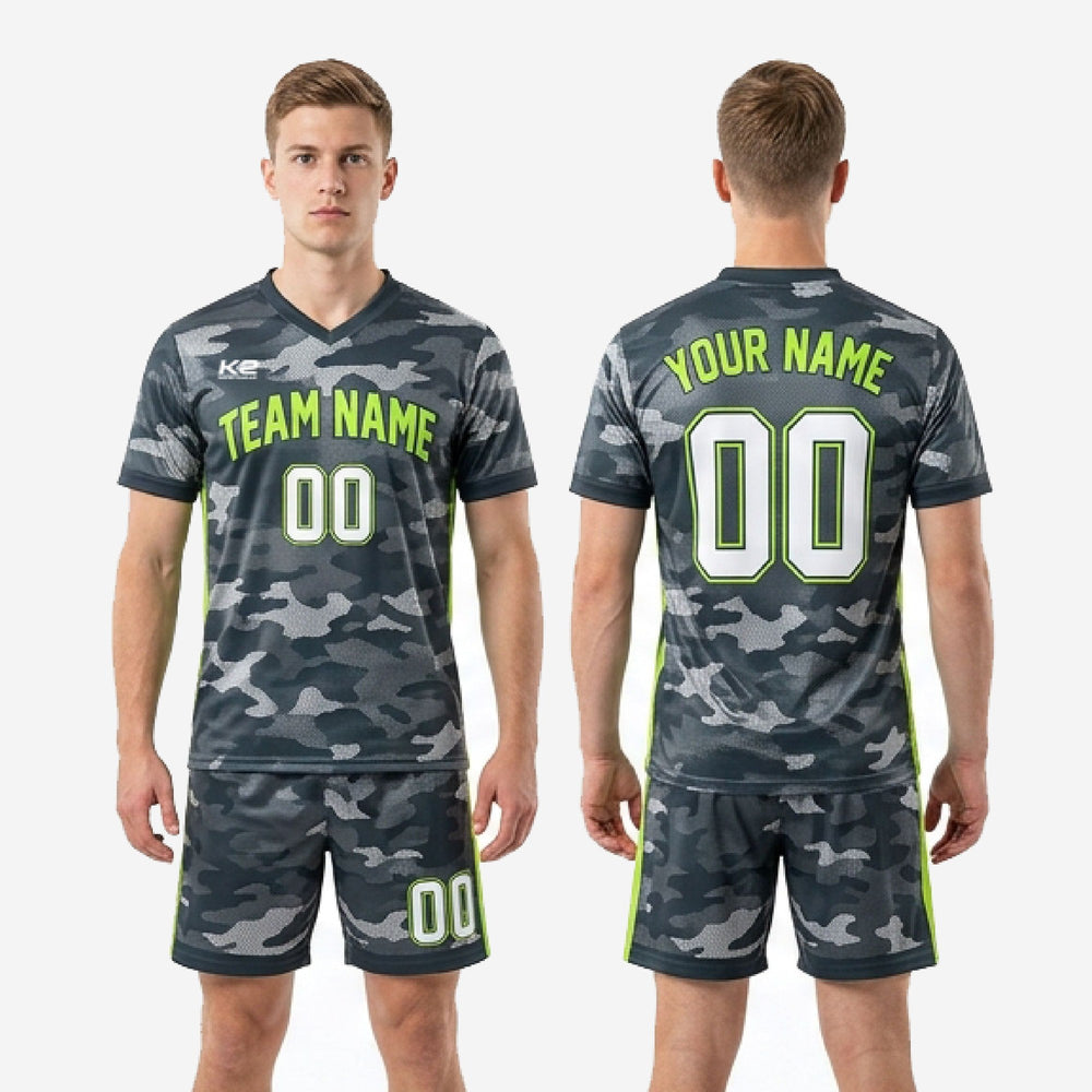 Custom Charcoal Grey Soccer Uniforms - Neon Green Camo Kit