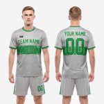 Custom gray soccer uniform set back view showing name and number placement on sublimated grey speckle jersey