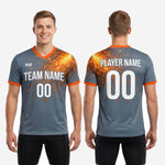 Detail view of orange V-neck collar band and orange sleeve cuff trim on custom grey soccer training jersey