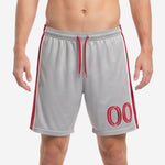 Custom grey soccer shorts with crimson red side panels and red drawcord waistband, front view on male model