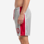 Custom grey and red soccer shorts right side panel detail with sublimated player number on lower leg