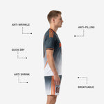 Custom grey soccer shorts with Orange side stripe panel and Charcoal-to-White gradient matching the sublimated jersey