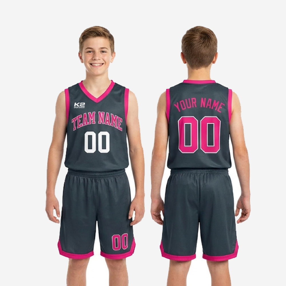 Custom Charcoal Grey Youth Basketball Uniforms - Pink Trim