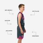 Size and specification sheet for custom grey youth basketball uniforms available in full youth sizes for roster orders