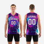 Back view of the purple paint splash basketball jersey showing large back number and player name print zones on the deep purple base