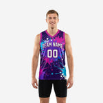 Custom high school basketball jerseys in deep purple and hot pink full-coverage paint splash pattern, team name and number on front, number on back