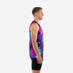 Front view of custom high school basketball jerseys featuring a purple base with hot pink and cyan paint splash design and white team name across the chest