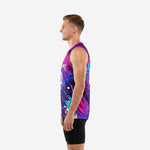 Left side view of the purple and pink sublimated basketball jersey showing the splash pattern wrapping around the torso at tuck-in length