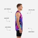 Right side view of the custom pink basketball jersey with cyan splash accent and V-neck pink binding detail visible at the collar and armhole