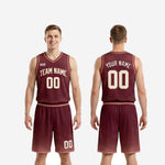 Size and specification sheet for maroon custom high school basketball uniform set in youth and adult sizes