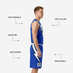 Back view of royal blue custom high school basketball uniform showing back number and player name placement on sublimated jersey