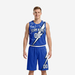 Custom high school basketball uniforms in royal blue and white with lightning bolt graphic, front and back full set view