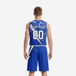 Second side view of royal blue and white custom basketball uniform set showing sparkle dot sublimation pattern and shorts drawcord waistband