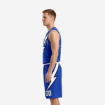 Side view of royal blue high school basketball uniform set showing bound armhole detail and lightning bolt shorts panel