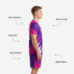 Custom pink soccer shorts with matching royal purple and hot pink geometric burst print and elastic waistband
