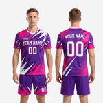 Custom hot pink soccer uniforms full kit back view showing player name and number placement on sublimated jersey
