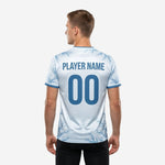 Ice blue soccer training jersey with full edge-to-edge branch graphic sublimation covering shoulders and lower hem
