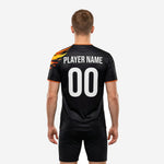 Back detail of custom Jet Black soccer training jersey showing full flame sublimation graphic