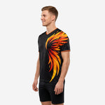 Mens custom logo training jersey Jet Black with Gold and Orange flame design, left side view