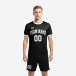 Custom jet black all black soccer uniform mens two-piece set with white contrast crew neck trim and arched team name on chest