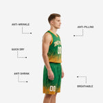 Back view of custom kelly green basketball uniforms showing back name and number placement on green and gold sublimated jersey with matching shorts