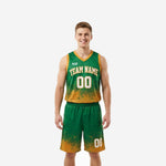 Custom kelly green basketball uniforms full set front and back view showing gold pixel-scatter gradient jersey and matching shorts with arced team name and number 00