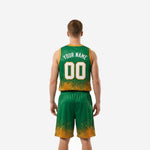 Opposite side view of sublimated kelly green and gold basketball jersey and shorts set showing armhole binding and shorts elastic waistband with drawcord