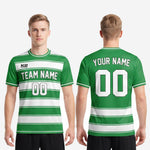 Kelly Green short sleeve soccer jersey crew neckline detail with white contrast tipping and stripe pattern through sleeve cuff