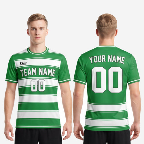 Kelly Green short sleeve soccer jersey crew neckline detail with white contrast tipping and stripe pattern through sleeve cuff