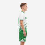 Custom Kelly Green and White soccer uniform side view left showing pixel gradient transition from white chest to green hem
