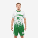 Custom Kelly Green and White soccer uniforms for teams package front view with pixel scatter gradient design on jersey and shorts