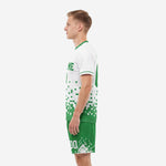 Custom Kelly Green and White soccer uniforms for teams package right side view showing matching sublimated shorts with pixel design