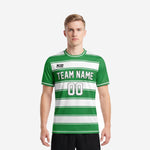 Custom Kelly Green and White horizontal stripe soccer jersey front view on adult male model with team name and number printed by K2 Sportswear
