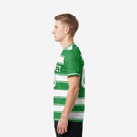 Custom green and white stripe soccer jersey right side view on adult male model showing crew neckline and short sleeve construction