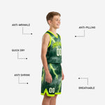 Back view of custom kids basketball uniforms showing back name, back number, and full lightning storm sublimation across the jersey and shorts