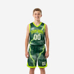 Custom kids basketball uniforms in forest green with full-panel neon lime lightning storm print, arched team name and front number on the jersey, matching shorts with player number