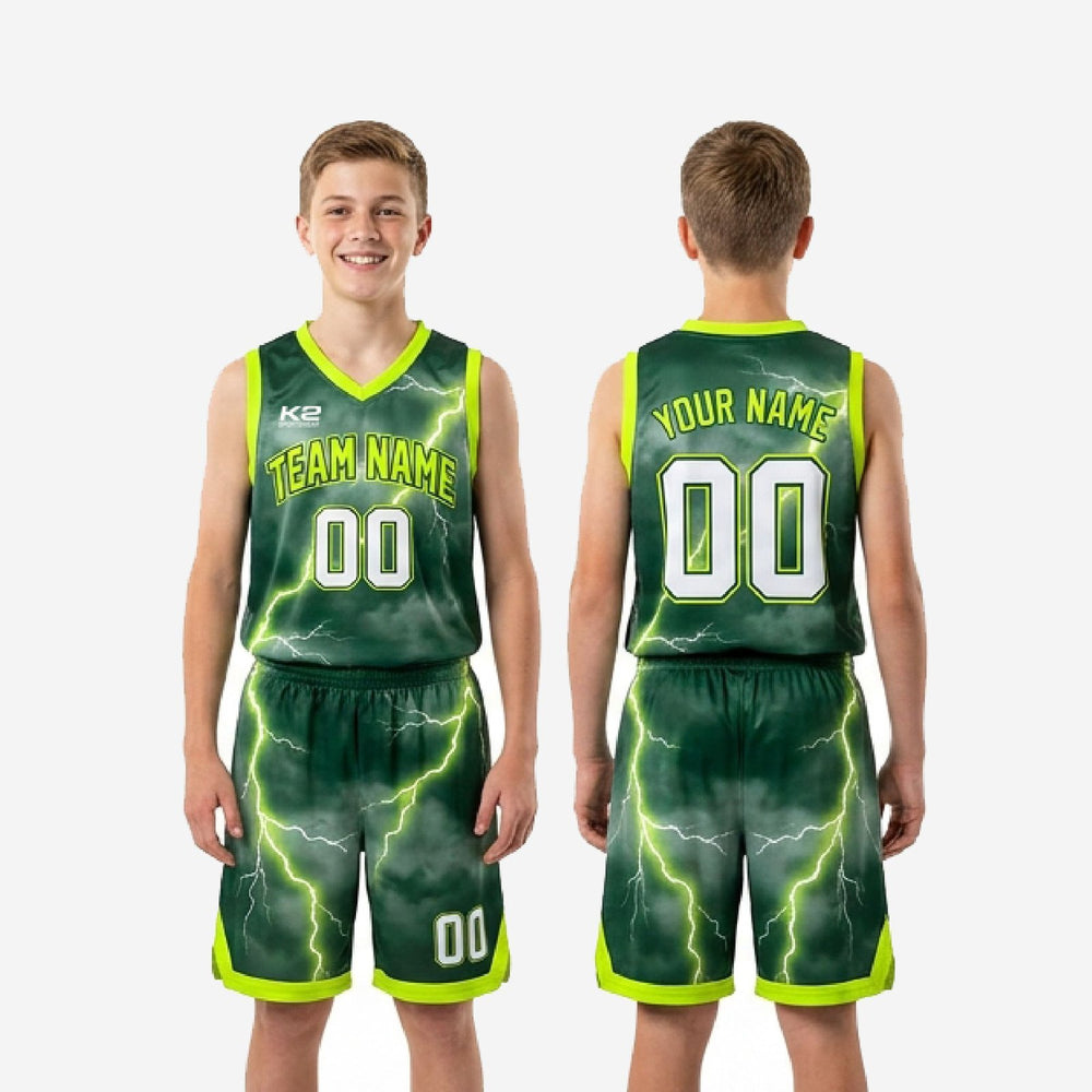 Custom Kids Basketball Uniforms - Green, Front and Back Numbers