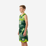 Size and specification sheet for custom kids basketball uniforms available in youth sizes across the full roster