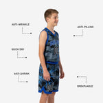 Back view of custom kids basketball uniforms in grey camo showing back number and name print zones in royal blue