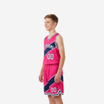 Youth basketball uniform size and specification chart for hot pink and navy custom kids basketball uniform set