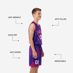 Full set view of custom kids basketball uniforms with purple and pink sublimated jersey and shorts showing complete two-piece matching uniform design