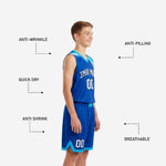 Back view of junior basketball uniforms in royal blue and cyan showing player name placement and back number on the fully sublimated jersey